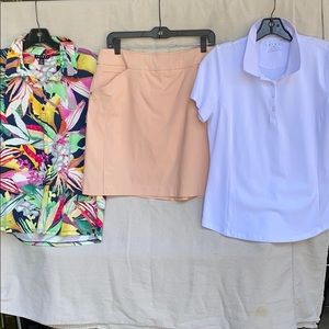3 piece golf set, skort, polo and printed polo.